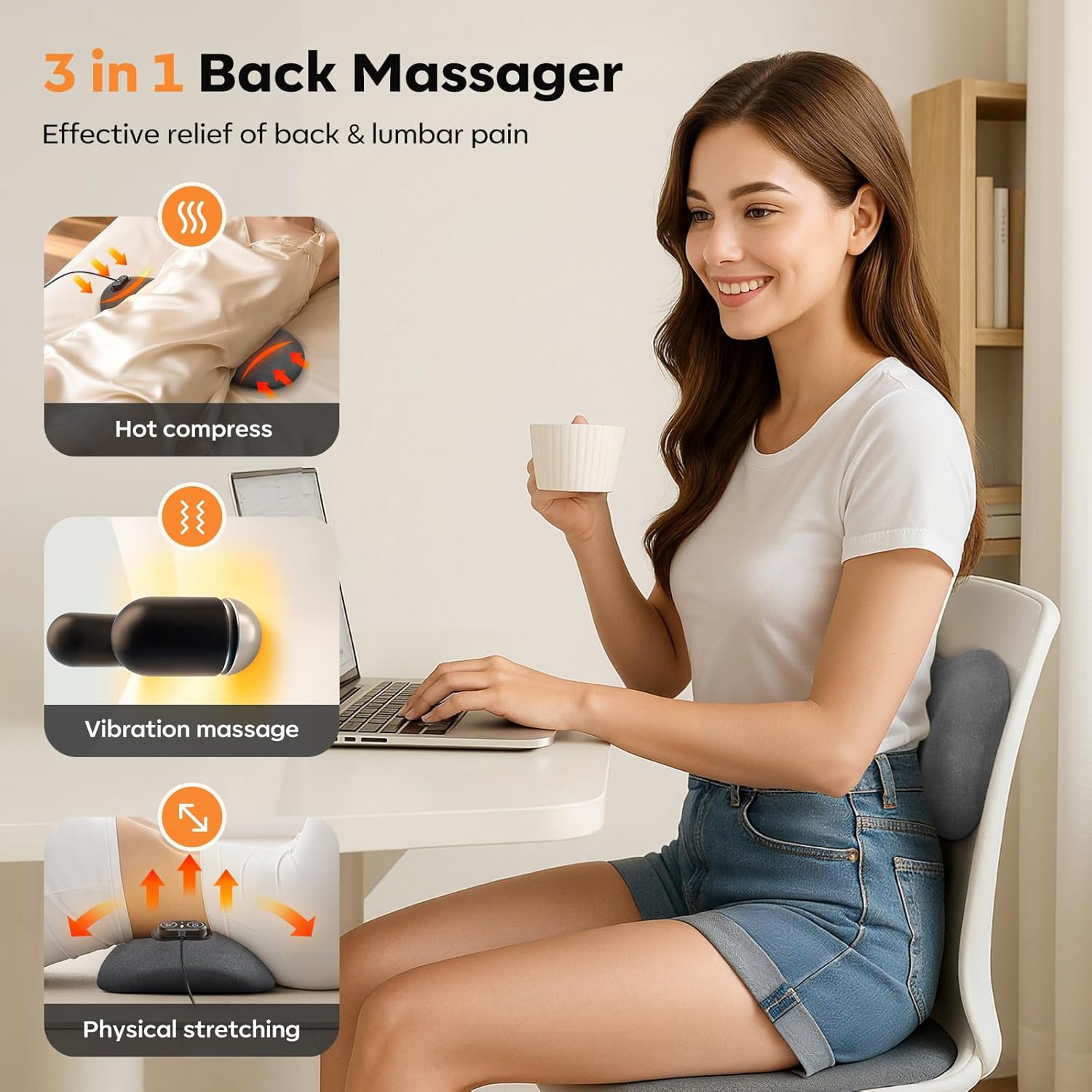 Smooth Triple Fusion 3-in-1 Back Massager Lumbar Pillow with Heat, Vibration & Traction Back Massager for Pain Relief, Deep Tissue Relaxation for Home, Office- Corded Electric Gift Idea
