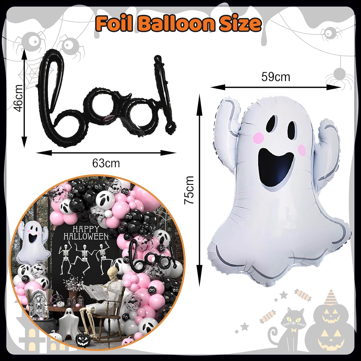 Halloween Balloon Arch Kit, Black Pink Balloons Garland Arch Kit with Large Ghost and BOO Foil Balloon, Eyes Bat Ghost Printed White Balloons For Halloween Decorations Home Garden Party Supplies - Image 3
