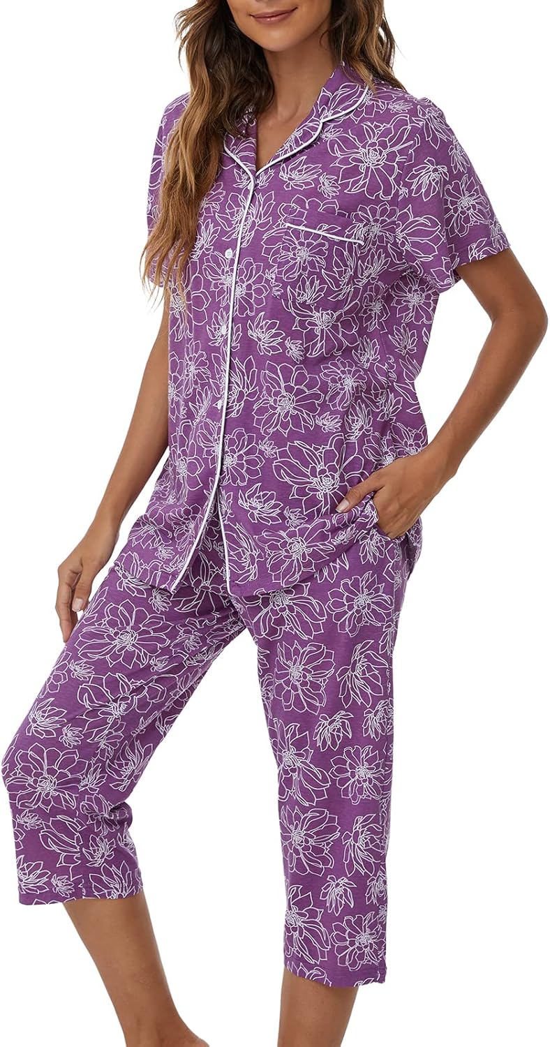 Tugege Capri Pajamas Set Womens Button Down Short Sleeve Lounge Sets Sleepwear Notch Collar Top & Capri 2 Piece PJ Sets - Image 2