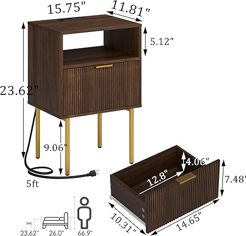 Miniatura 2 de Mesita de noche con tomacorriente y luz LED, mesa de noche con cajón de almacenamiento, mesa auxiliar acanalada para sala de estar, dormitorio