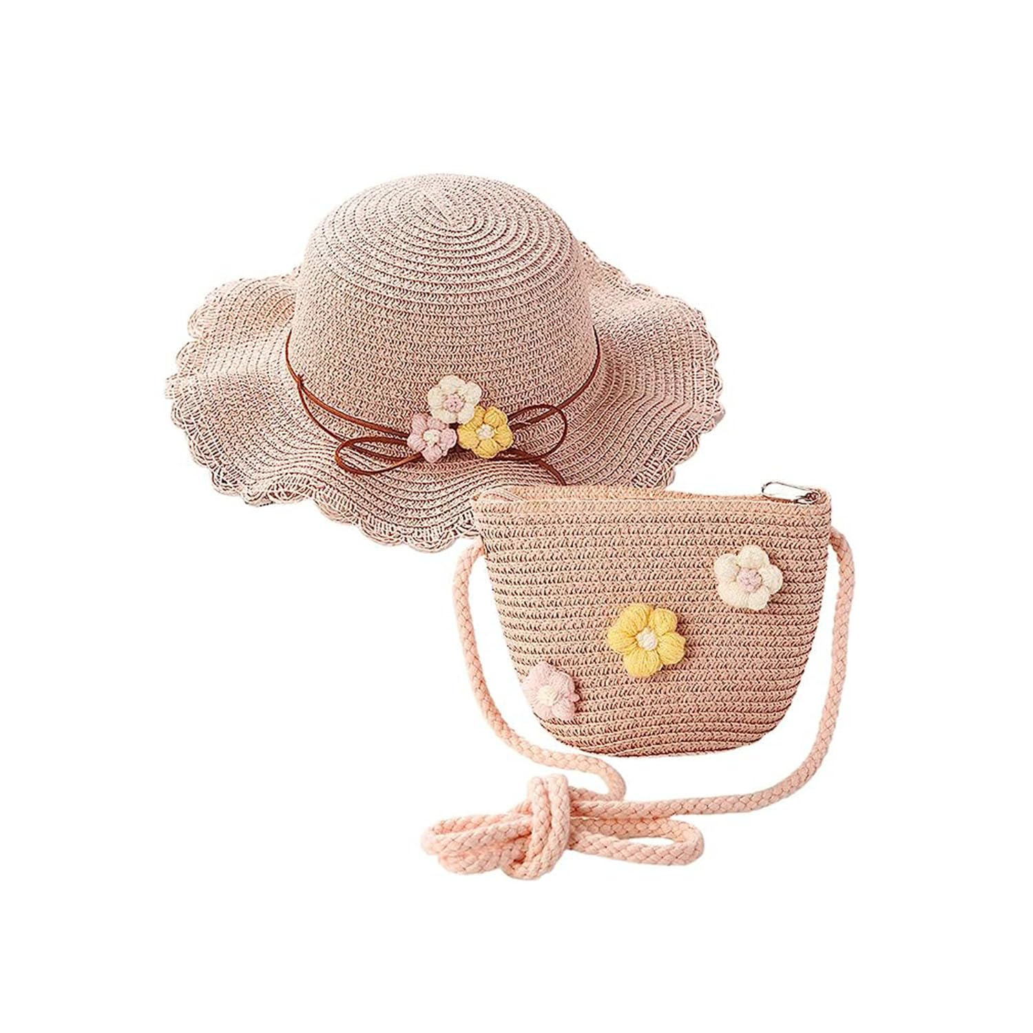 Rouyee Sombrero para El Sol para Niñas Y Mini Bolso De Paja, Sombrero De Sol De Playa, Bolsa De Paja para Niños, Buena Permeabilidad Al Aire, para Turismo Vacaciones Playa Actividades Al Aire Libre