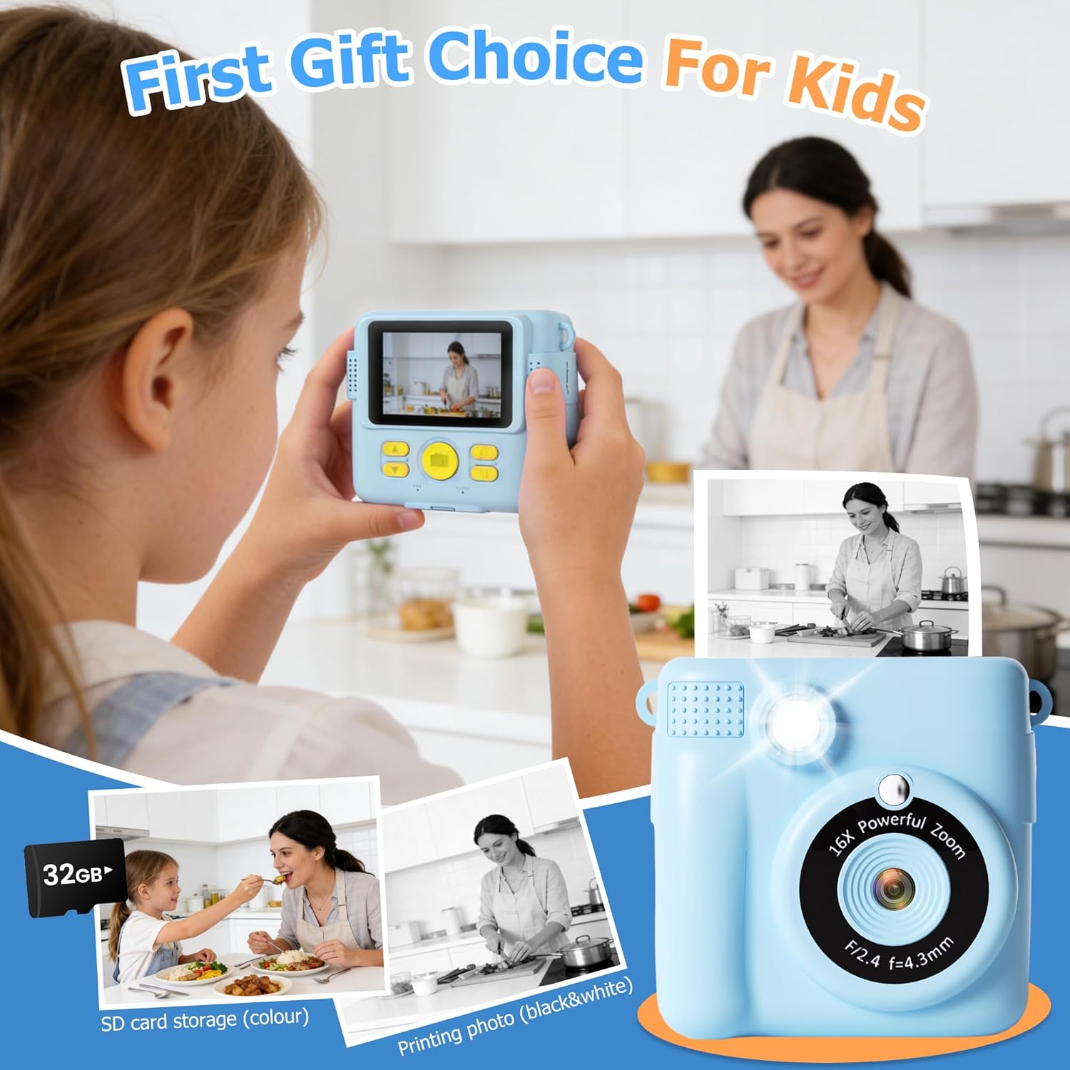 GKTZ Kids Camera Instant Print - 2.4" Eye-Care Digital Video Camera for Toddlers & Kids Ages 3-12, with 3 Rolls Paper & 32GB SD Card, 1080P, 18 Frames, Birthday for Boys Girls
