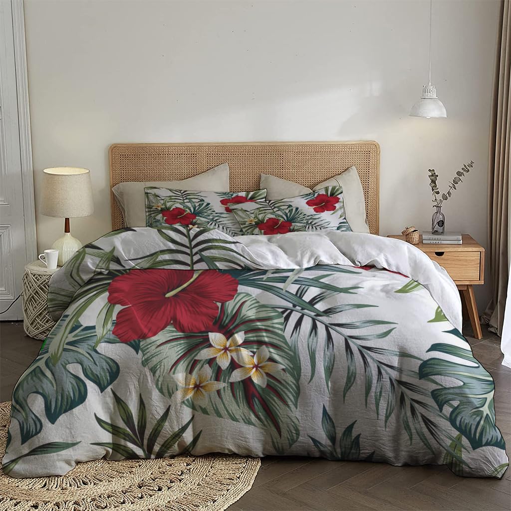 NIBAINLO 布団カバートロピカルなヴィンテージハイビスカスプルメリアの花の緑の葉 肌に優しい ピーチスキン加工 掛け布団カバー 和式 洋式 あったか 布団カバーセット リバーシブル ホームステイ ホテル 家庭兼用