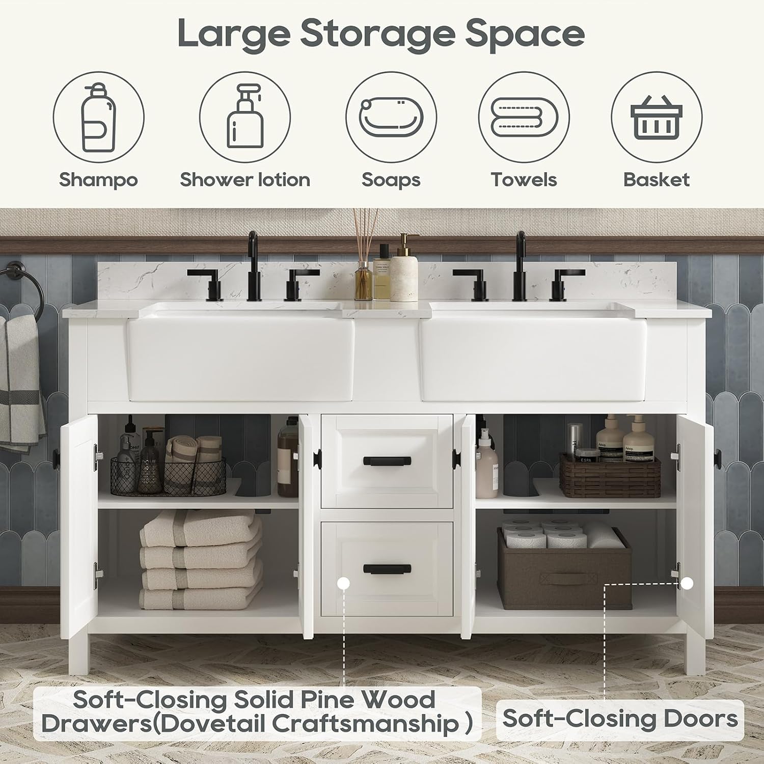 60 Inch Bathroom Vanity with Double Sink, Farmhouse Bathroom Vanity Cabinet with Soft Closing Doors & Dovetail Drawers, Vanity for Bathroom, Adjustable Feets, Apron Farm Sink, White
