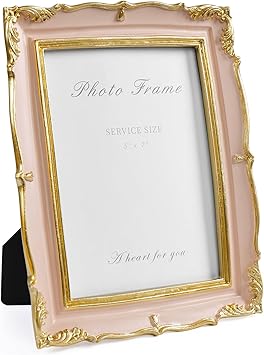 Vintage Pink 5x7 Picture Frame, Pink and Gold 5 by 7 Antique Photo Frames, Ornate Textured Hand-Crafted Resin Frame with Glass Front for Tabletop Display, Retro Design Home Decor
