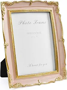 Vintage Pink 5x7 Picture Frame, Pink and Gold 5 by 7 Antique Photo Frames, Ornate Textured Hand-Crafted Resin Frame with Glass Front for Tabletop Display, Retro Design Home Decor