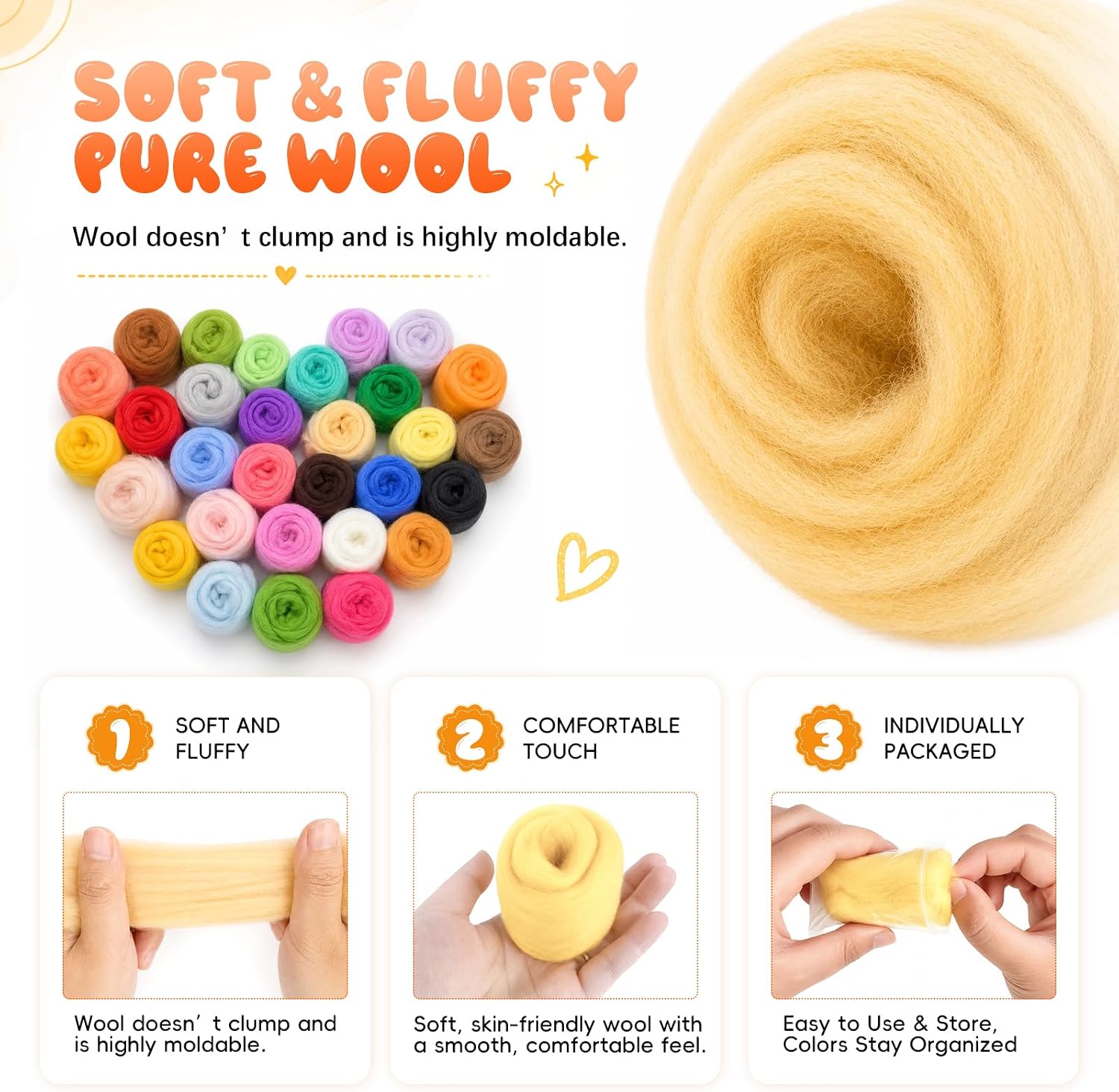 LUDOTEK 30 Colors Needle Felting Wool, Wool Roving 3g per Color, 3.17 oz Total, Premium Felting Wool for DIY Craft, Fiber Art and Hand Spinning, Needle Felting Supplies, Felting Kit
