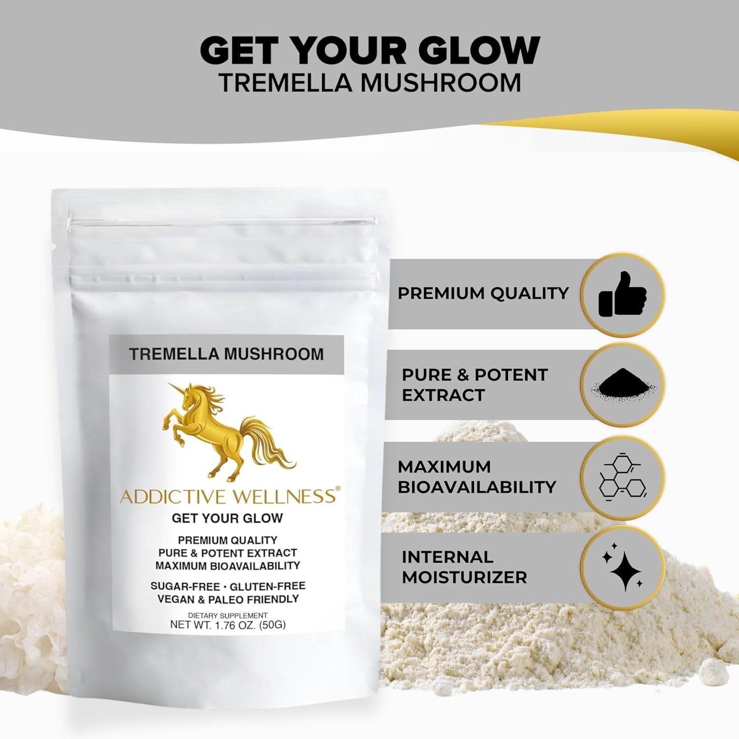 Addictive Wellness Tremella Mushroom Extract Powder Wood Grown Pure & Potent (50 Grams) - Image 3