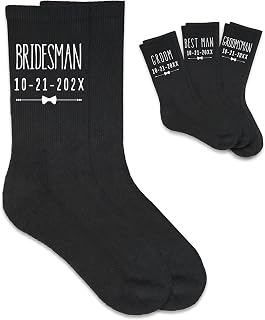 Socks with Name, Date and Role - Personalized Crew Socks for Wedding Day - Custom Printed Black Wedding Party Socks