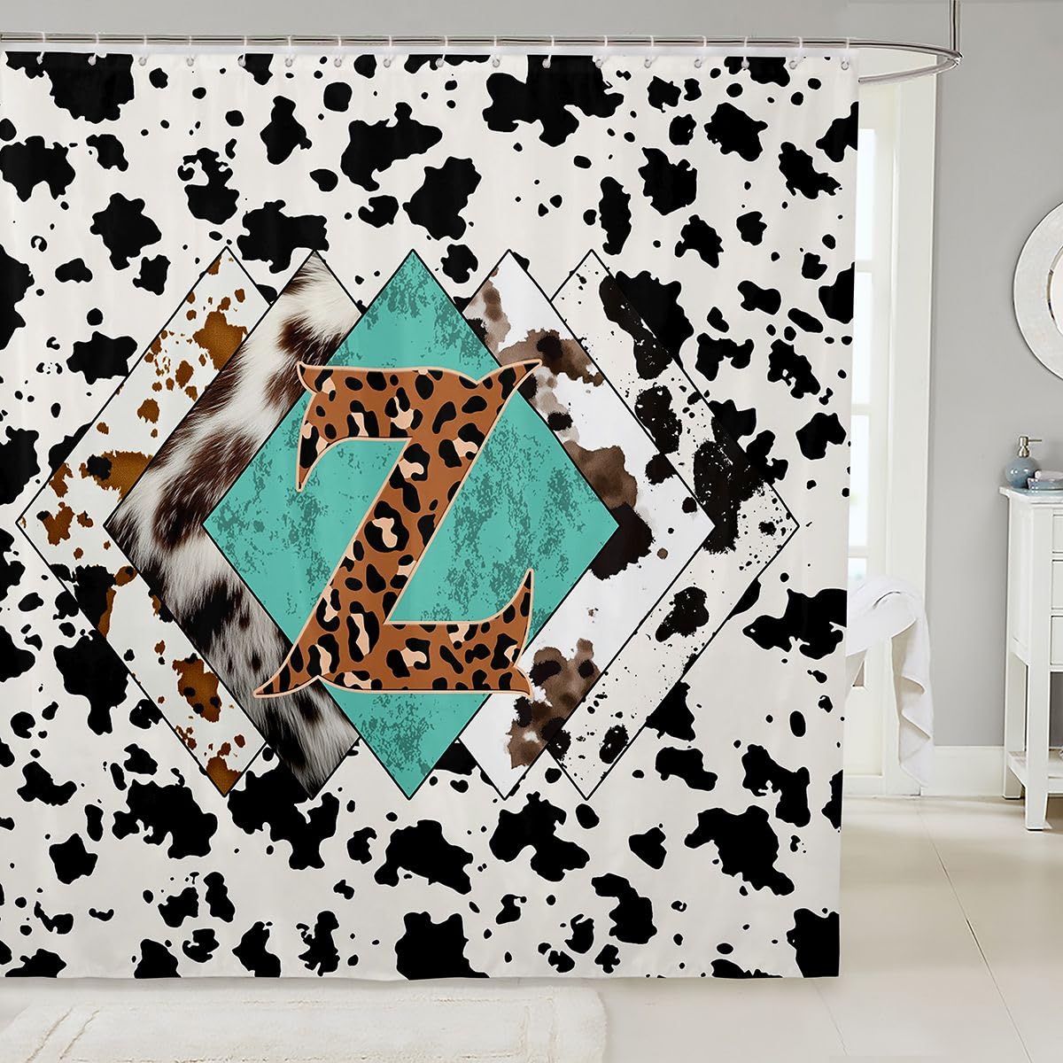 Rideau de douche lettre Z taille L léopard monogramme alphabet imprimé cuir de vache rideau de bain pour adultes style cowboy occidental rideau de bain imperméable avec 12 crochets pour baignoire