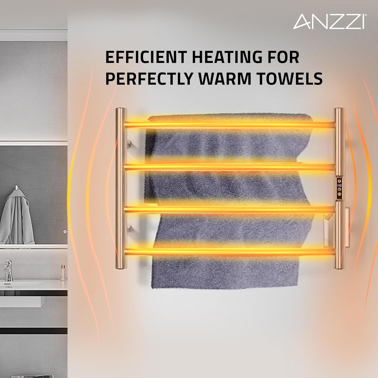 ANZZI Glow 4-Bar Wall Mounted Towel Warmer in Brushed Nickel, Energy Efficient 40W Electric Plug in Heated Towel Rack, Stainless Steel Towel Heater Rail Quick Towel Dryer, TW-AZ018BN