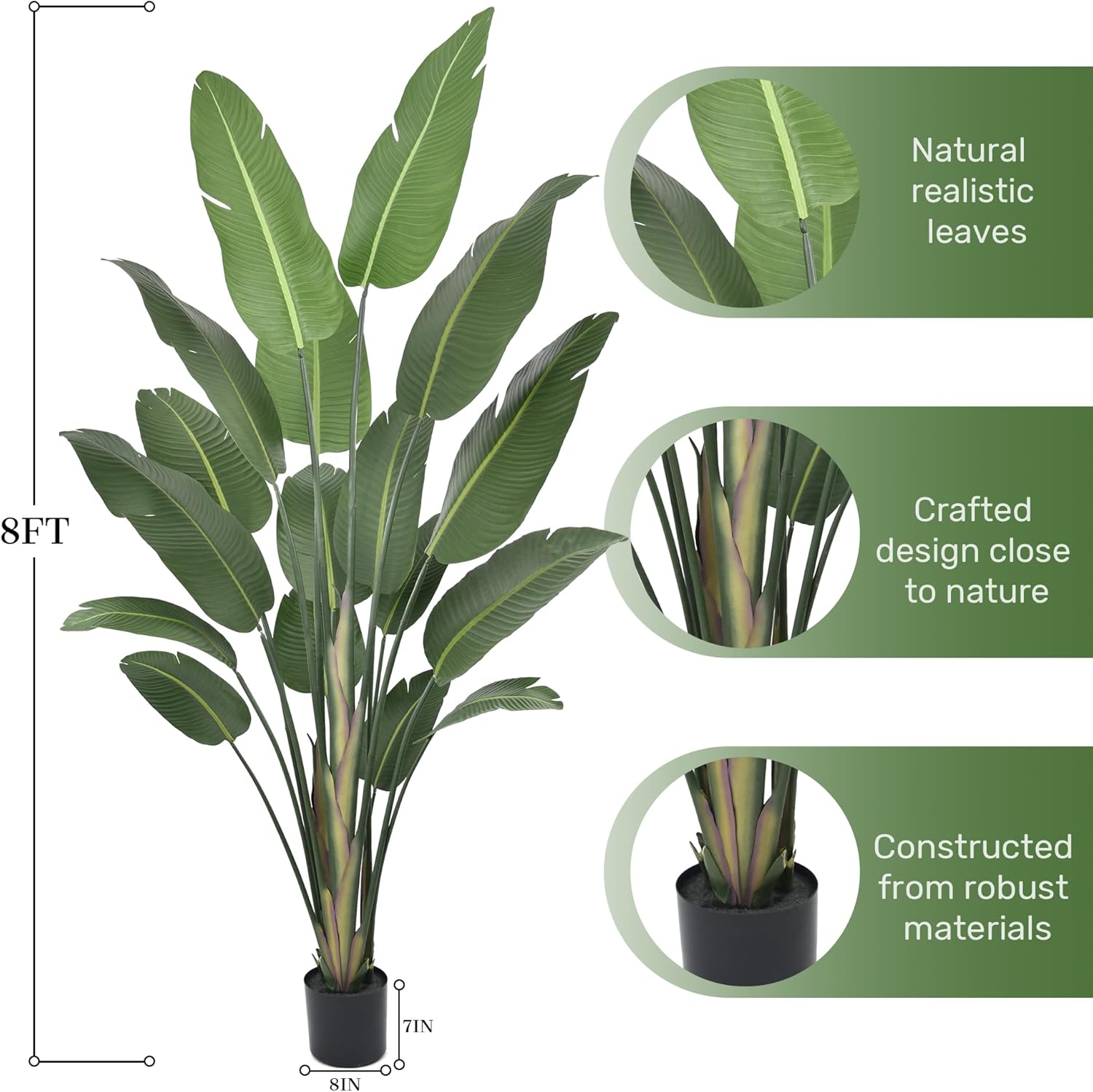 8FT Artificial Bird of Paradise Tree 94 Inch Large Faux Silk Plants Banana Leaf with 17 Trunks in Black Pot for Home Decor Living Room Office Bedroom - Image 2