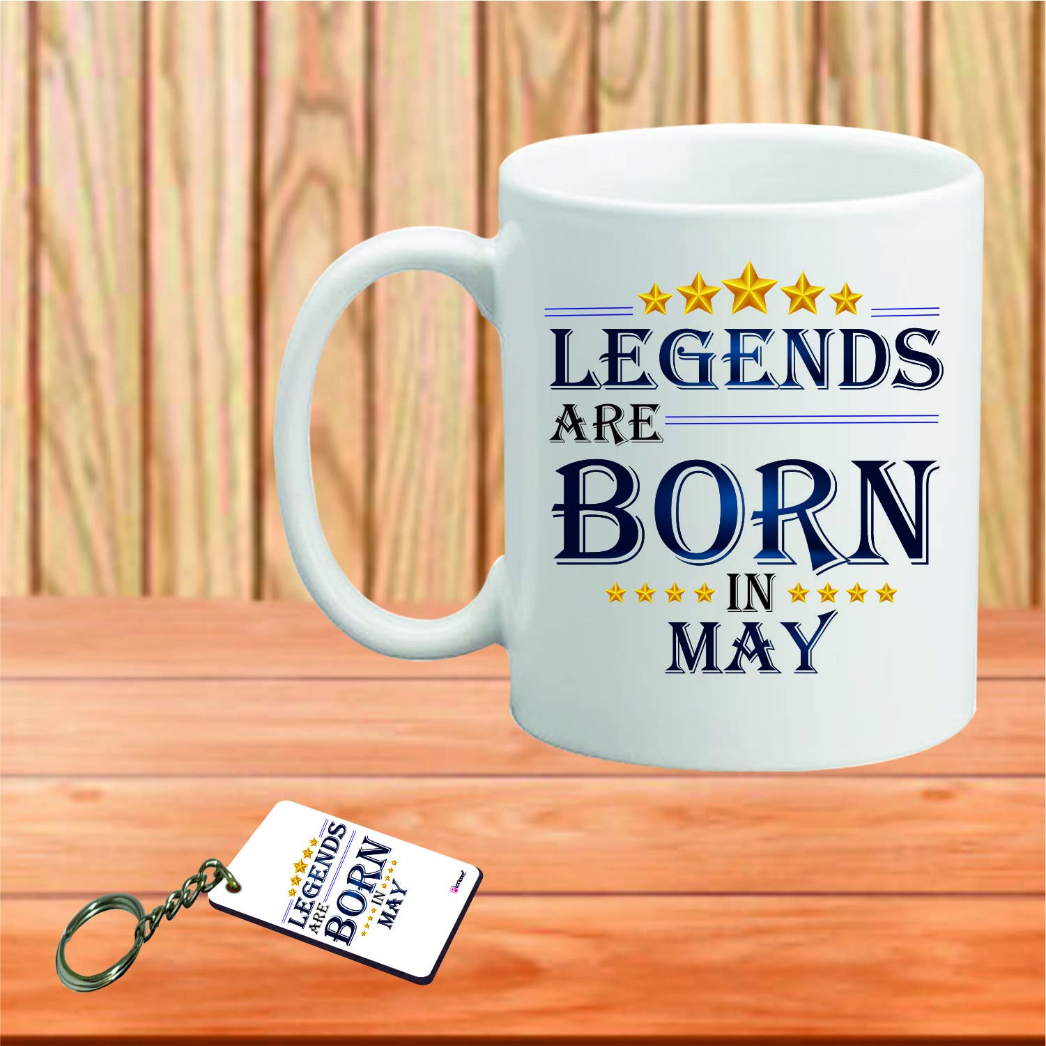 PICRAZEE Legends are Born in May Happy Birthday Gift Combo Set (1 Printed Coffee Mug & 1 Key Ring) (May, MK)