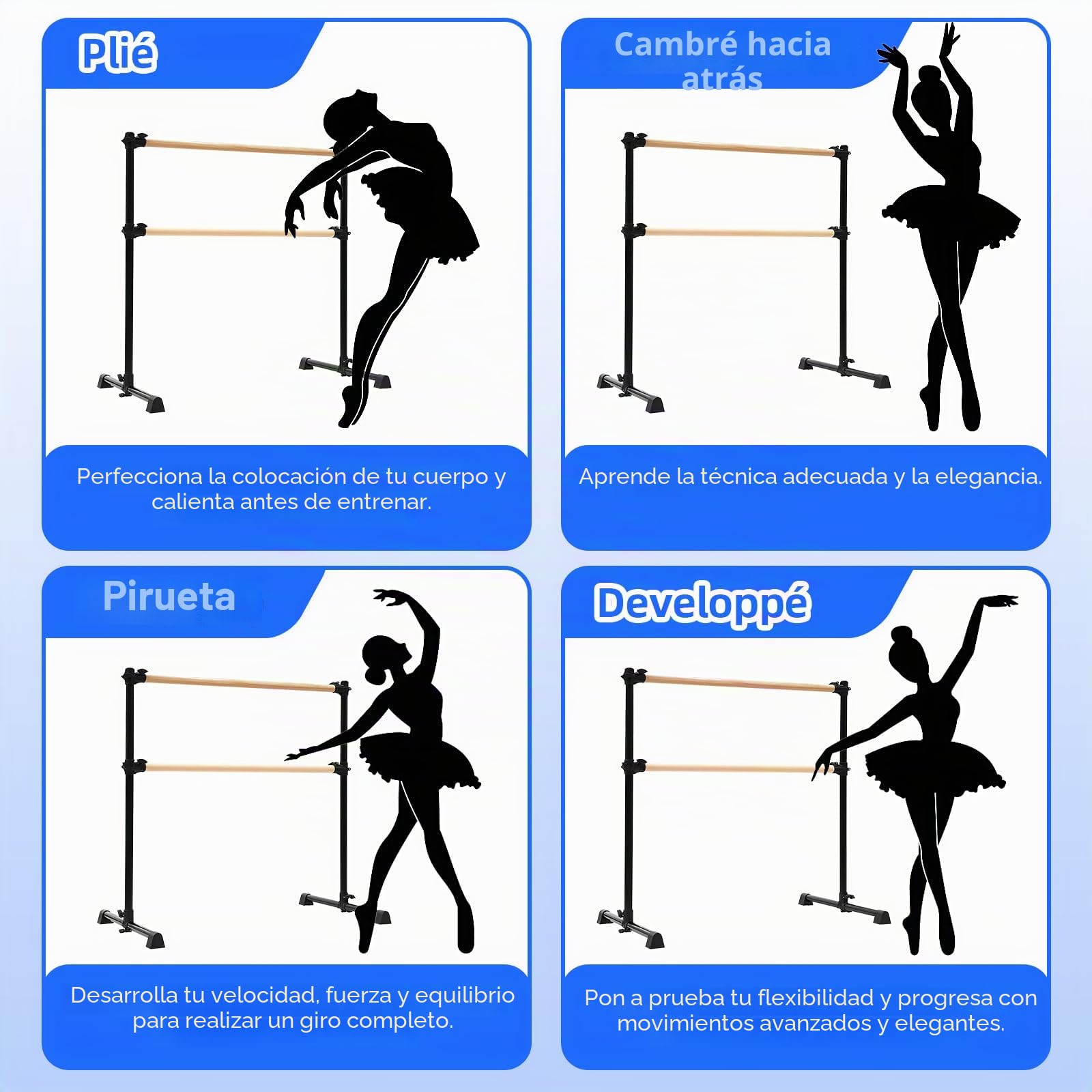 LIROPAU Barra de ballet doble, barra de ballet independiente con pies antideslizantes, altura ajustable de 15 a 122 cm para niñas, niños y adultos