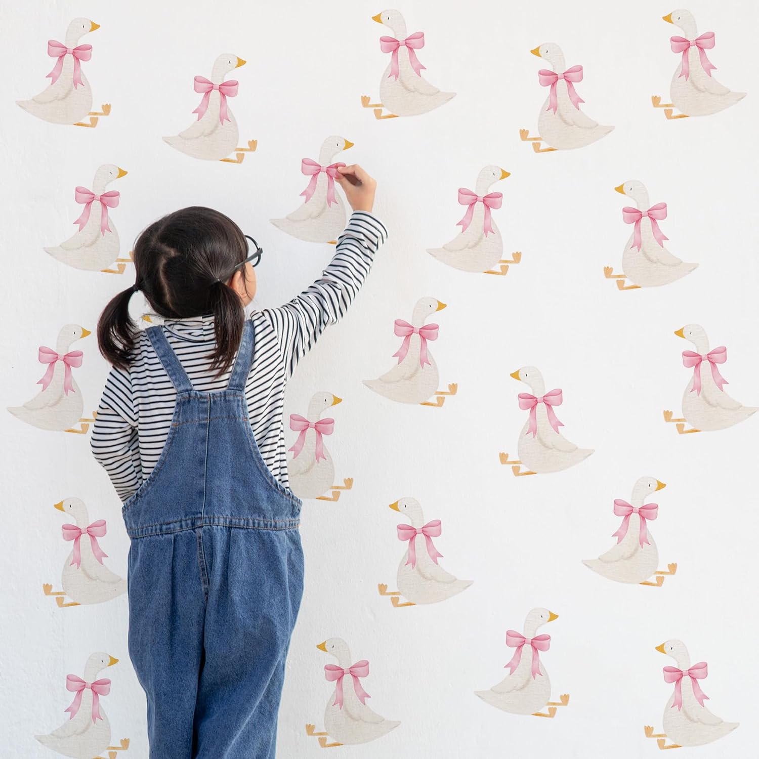 Goose Wall Art Sticker - 80pcs Watercolor Pink Bow Goose Wall Decals Print for Home Bedroom Playroom Decoration, Removable Vinyl Cute Animal Geese Stickers for Baby Shower Nursery Kindergarten