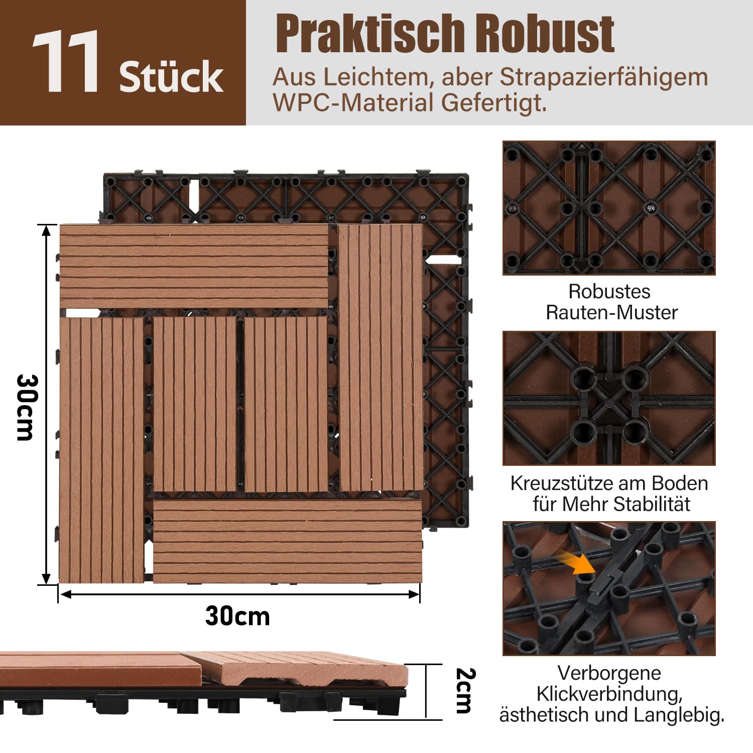 Eulenke Płytki tarasowe z kompozytu WPC, 44 sztuki, 30 x 30 cm, deski tarasowe na balkon, płytki tarasowe, balkonowe, o wyglądzie drewna, wykładzina podłogowa, odporna na działanie warunków