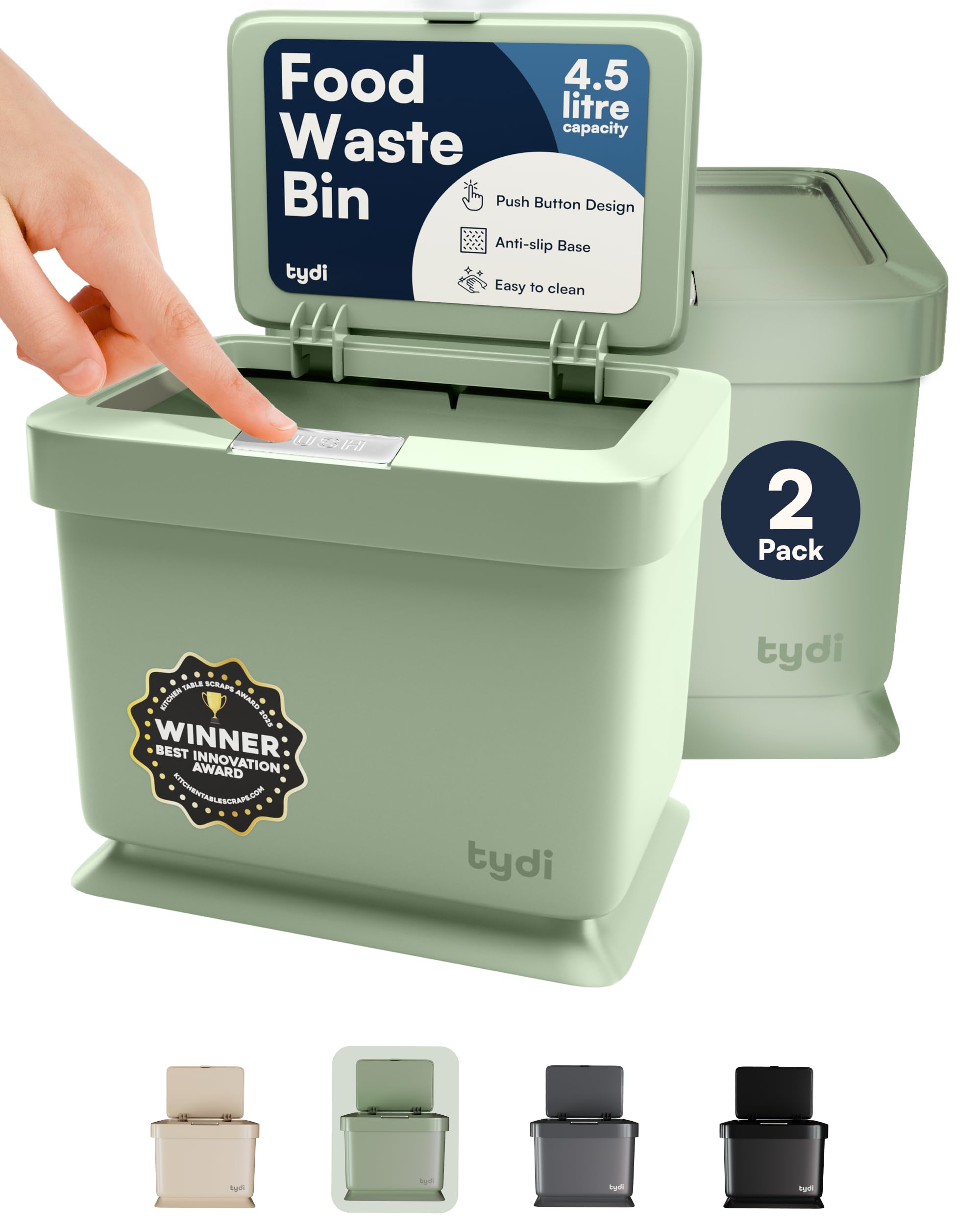 Tydi 4.5L Food Waste Bin with Press-Button Lid (2 Pack) – Compost Bins for Kitchen - Anti-Slip Base and Secure Lid Kitchen Compost – Small Indoor Caddy for Cupboard or Countertop – Mint
