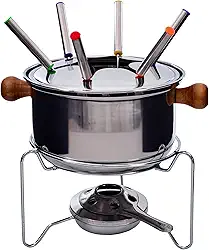 Aparelho de Fondue Berna 10 Peças em Aço Carbono com Alças de Madeira, Espetos, Base Acendedora, Tampa e Suporte - Ideal para Queijos, Chocolates e Carnes - Wincy - CZD10003
