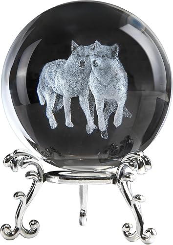 Bola de cristal de lobo 3D con soporte, figura de lobo decoración de globo de animales de cristal, regalos de lobos para mujeres (2.362 in)