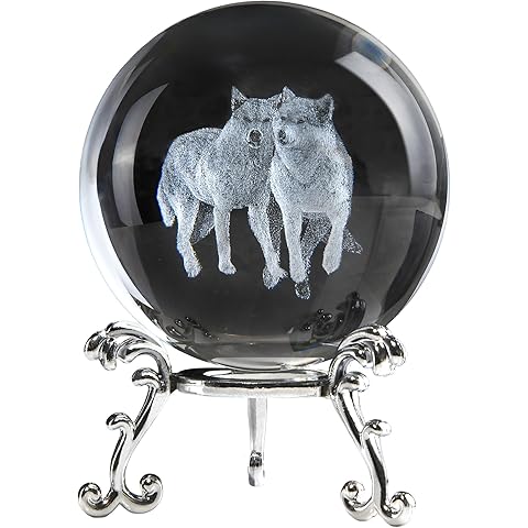 3D Wolf Crystal Ball with Stand, Wolf Figurine Decor Glass Animal Globe, Wolves Gif...