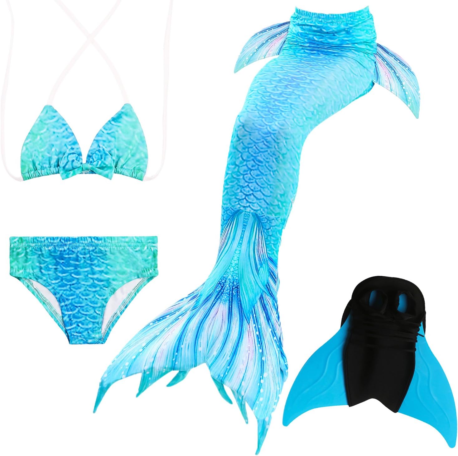 Das beste Girls Mermaid Tail Swimsuit with Monofin Girl's Mermaid Tail for Swimming,Colorful Swimmable Costume Cosplay Princess Swimwear Bikini Set Bathing Suit Set with Mono Fin Four Pcs