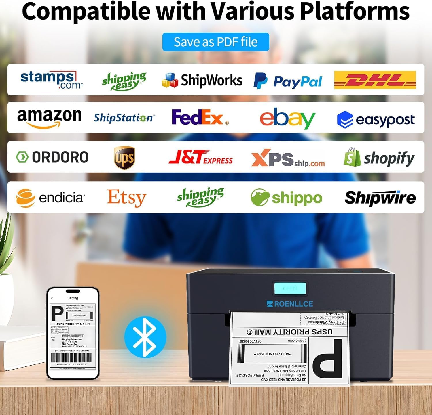 Thermal Shipping Label Printer, 4x6 Bluetooth Shipping Printer for Small Business, Compatible with Windows, Mac, iOS, Android, for Amazon, Ebay, Shopify, UPS, USPS, FedEx