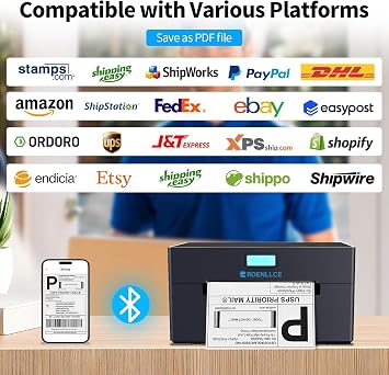 Thermal Shipping Label Printer, 4x6 Bluetooth Shipping Printer for Small Business, Compatible with Windows, Mac, iOS, Android, Portable Label Printer Official Home Use