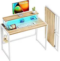 SOROGRA Mesa Dobrável de 81,5 cm, Mesa Portátil de Trabalho com Luzes LED e Suporte para Monitor, para Computador, Escrita, Rústico, Carvalho, 31.5 IN x 18.9 x 29.5