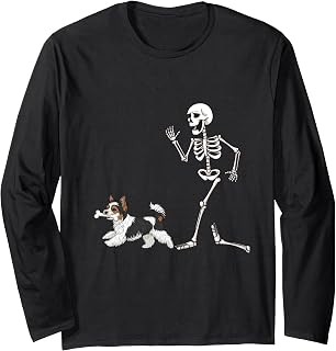 Funny Halloween Biewer Terrier and Skeleton Long Sleeve T-Shirt