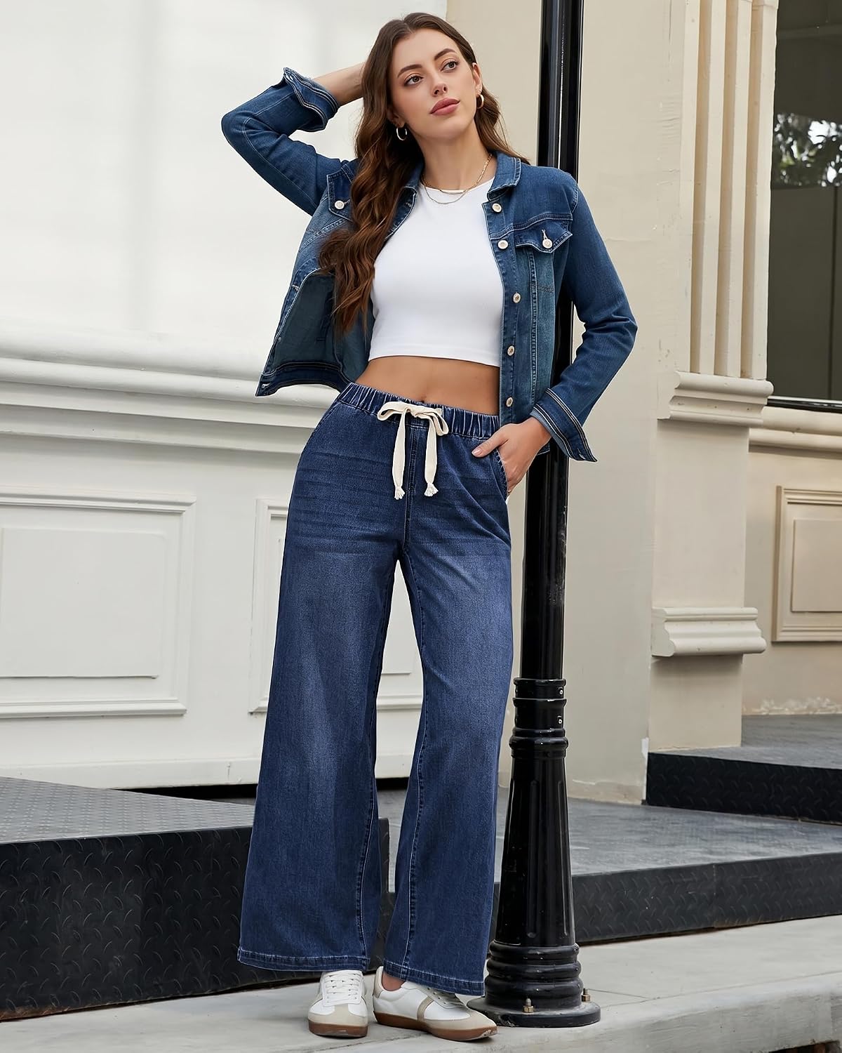 LookbookStore Wide Leg Jeans for Women Elastic Waist Drawstring Denim Pants image 5