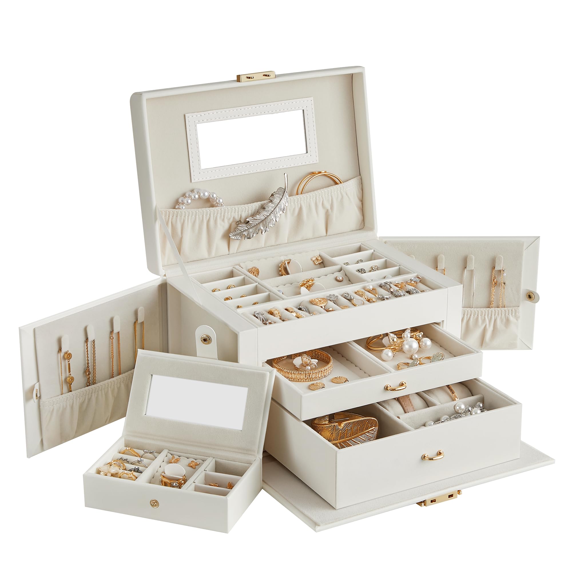 SONGMICS JBC121W02 3 Tier Jewellery Box 2 Drawers Portable Mini Travel Box with Handle Lockable Gift Idea Christmas Classic White Cream White