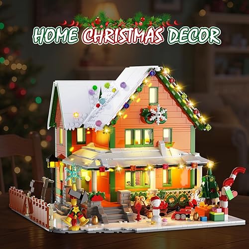 Miniatura 4 de Mini juego de construcción de casa de Navidad con luz, modelo de arquitectura de aldea de nieve navideña, bloque de construcción con trineo de Papá