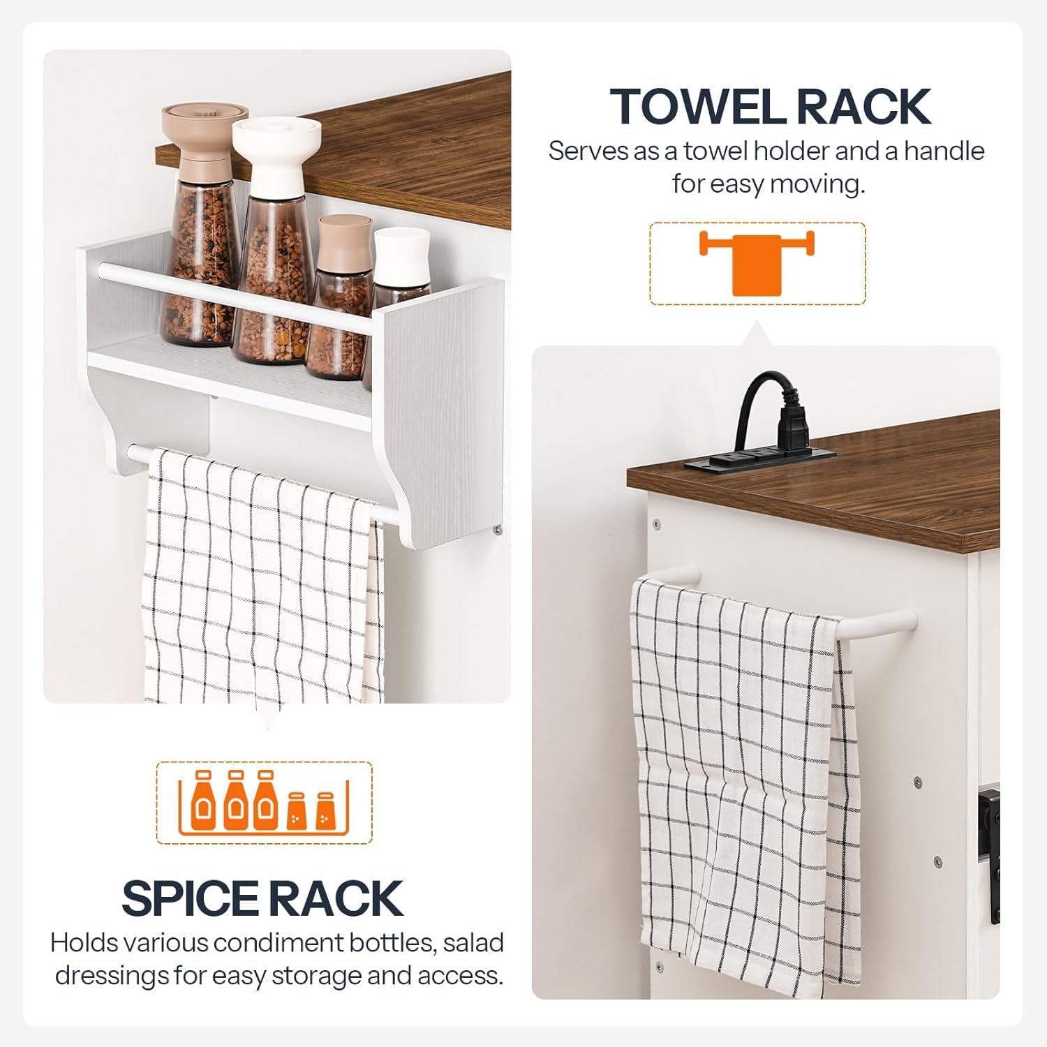 HOOBRO Kitchen Island with Power Outlet, Rolling Kitchen Island with Sliding Barn Doors, Island Table with 2 Drawers, Towel Rack and Spice Rack, for Home and Dining Room, White and Walnut WH28UZD01
