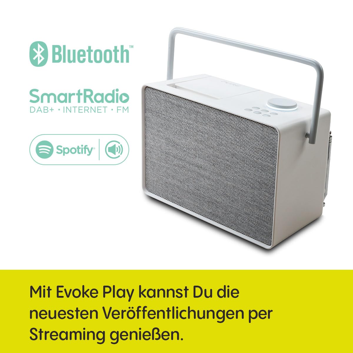 Pure Evoke Play vielseitiges Musiksystem für innen und außen (DAB+/UKW Radio, Internetradio, Podcasts, Spotify Connect, Bluetooth in sattem 40W Stereoklang), Cotton White