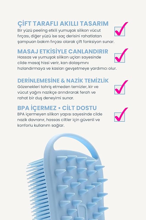 Pop Beauty Çift Taraflı Silikon Vücut Ve Saç Bakım Fırçası, Saç Ve Vücut Derisine Masaj Yapan Şampuan Tarağı Popbeauty00017