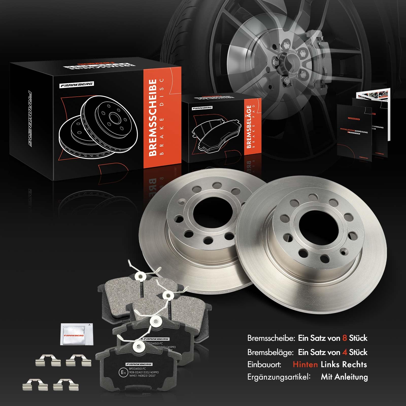 Frankberg 2x Bremssattel + 2x Bremsscheiben + 4x Beläge Hinten Ø253mm Kompatibel mit Yeti 5L A3 8P1 Leon 1P1 Altea 5P1 Golf V 1K1 Golf VI 5K1 E.O.S Replace# 1J0698451C
