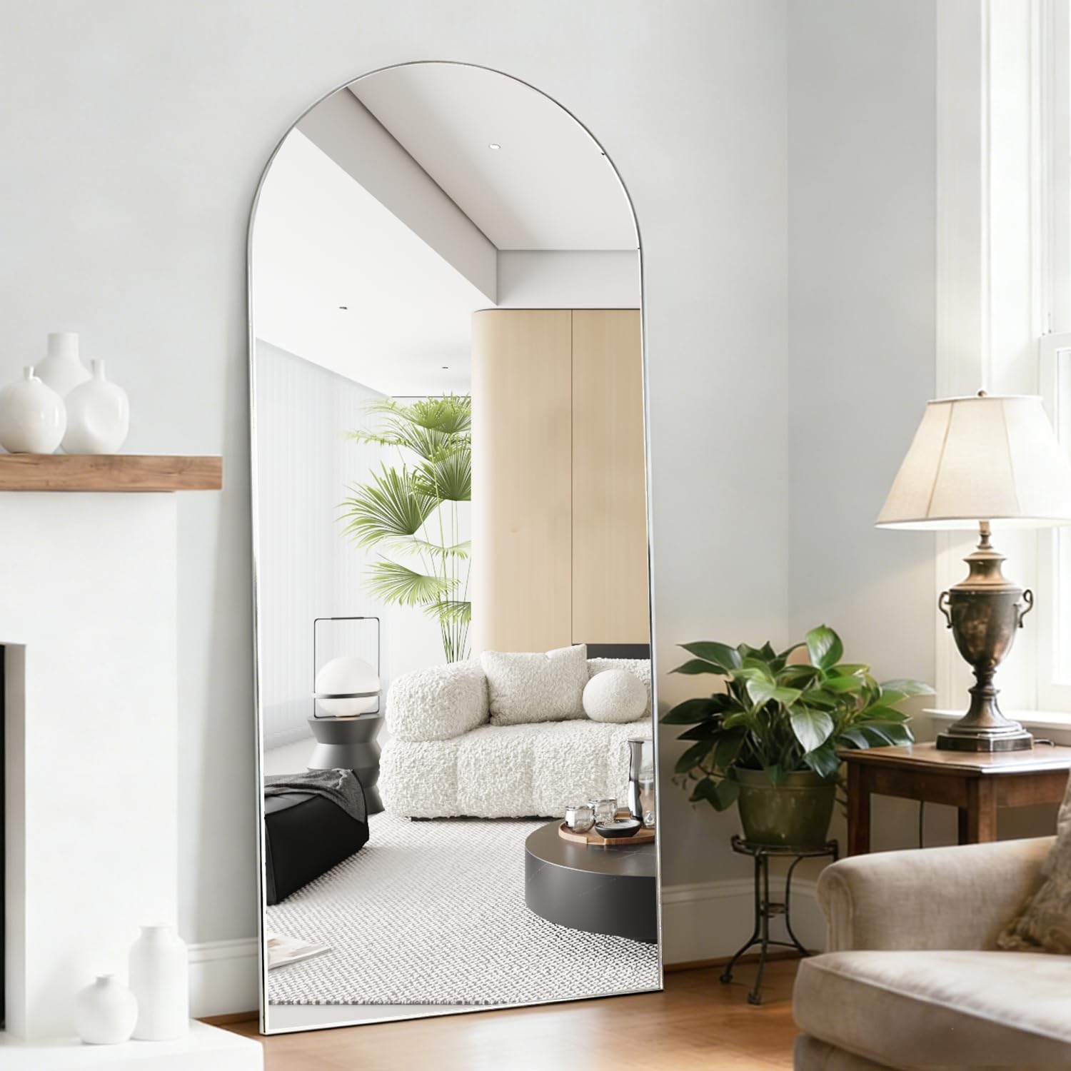CASSILANDO Full Length Mirror 165X60cm Arched Floor Standing Mirror, Silver Full Body Mirrors Hanging or Leaning Against Wall, for Cloakroom, Bedroom, Livingroom (Silver)