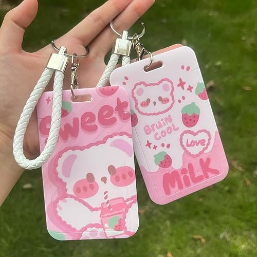 Miniatura 6 de 2 piezas de soporte para tarjeta fotográfica Kpop, lindo oso de fresa, soporte para tarjetas de identificación Kpop con llavero, carrete de