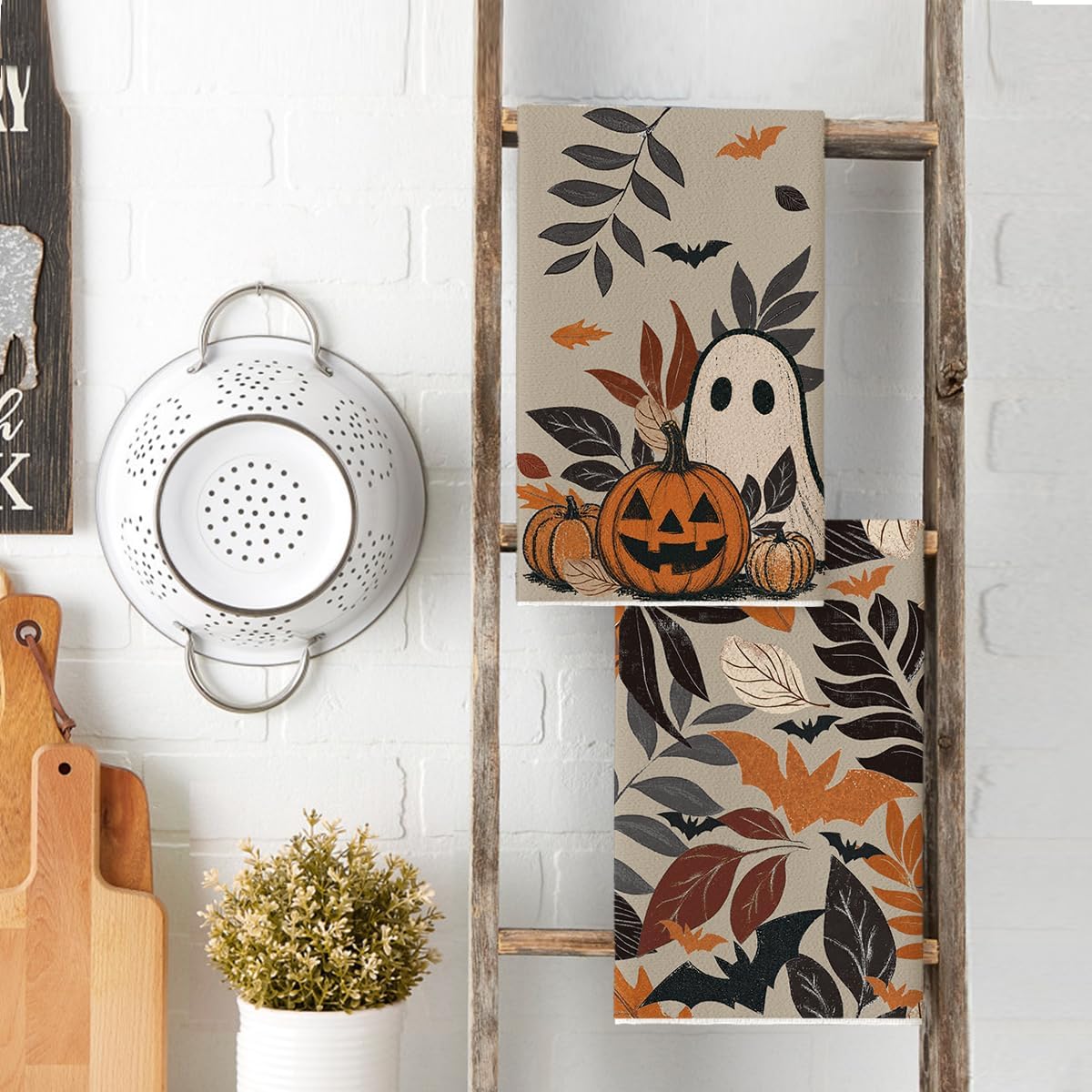 Artoid Mode Leaves Ghost Halloween Kitchen Towels Set of 2 18x26 Inch