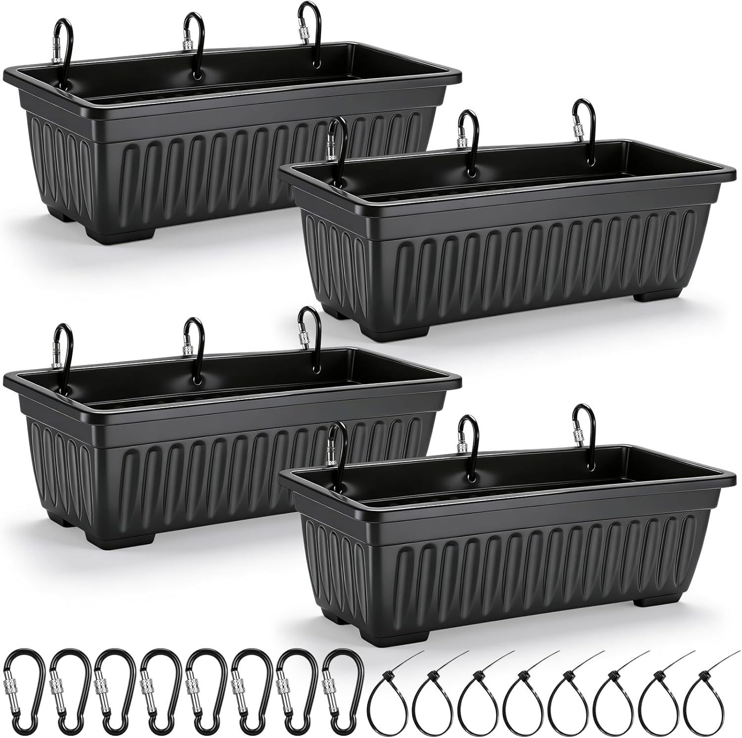 4 Pack 12 Quart Large Feed Trough Goat Horse Feeders Plastic Hanging Feeder with Clips and Nylon Cable Tie Water Trough Supplies Dog Horse Hog Pig Livestock Poultry for Large Animal Black