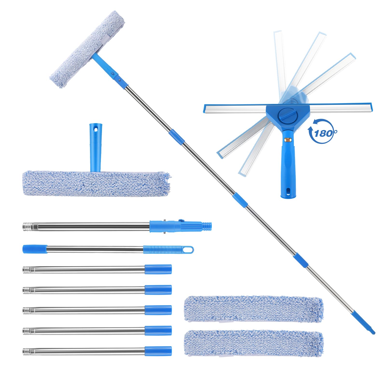 2 in 1 Pulitore per finestre Lavavetri con 300cm Manico Telescopico, Strumenti per la Pulizia dei Vetri con Tergivetro in Silicone e panno in microfibra di ricambio per Finestre Interni ed Esterni