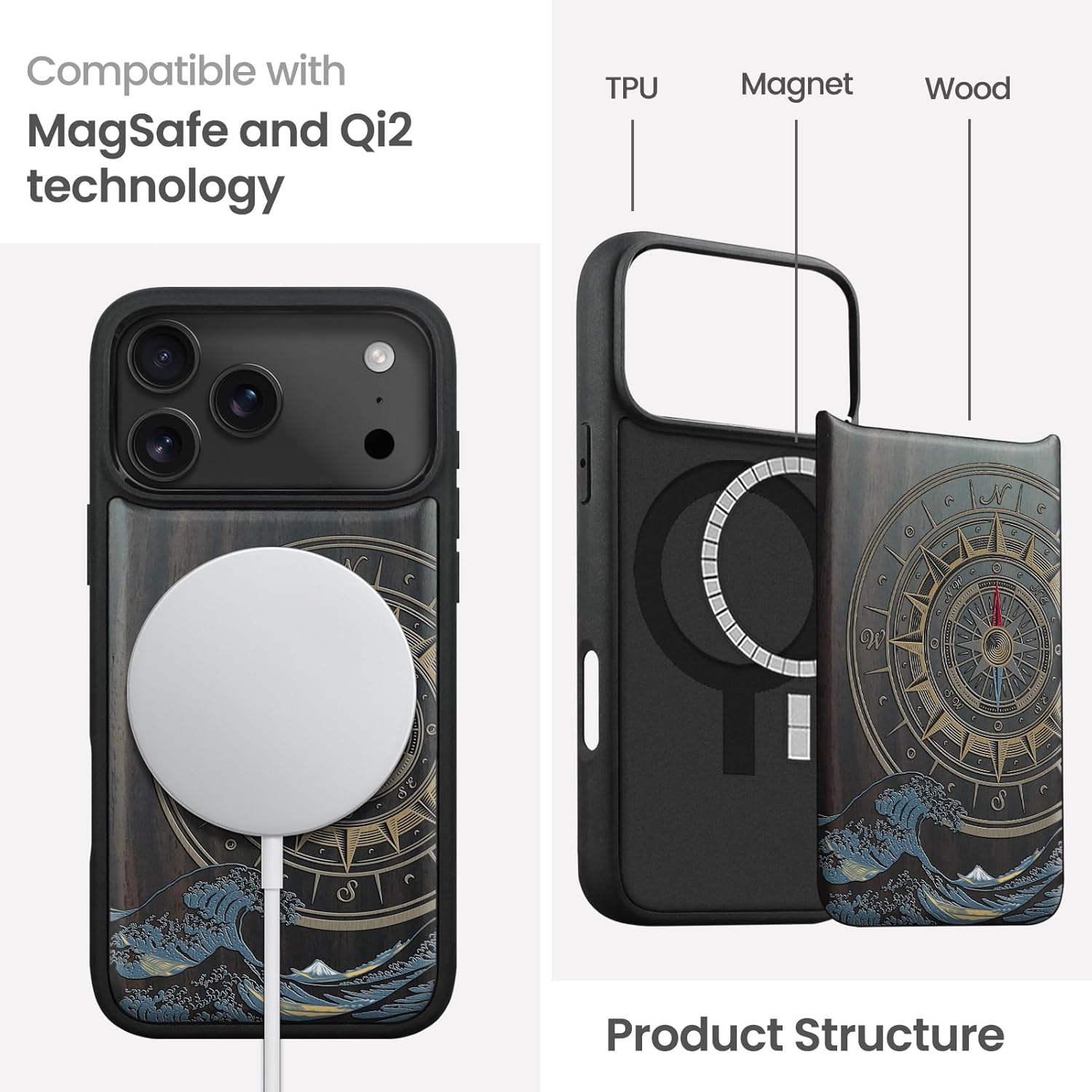 Magnetic for iPhone 17 Pro Case Compatible with MagSafe Wireless Charging, Wooden Cover & Shockproof TPU Phone Case, Dark Wood Hand-Drawn Pattern - Compass and Wave