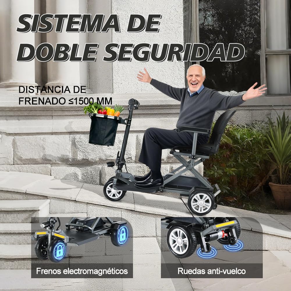 Scooter Minusvalidos Mobility Scooter Para Electrico Discapacitados Autonomía 24 km 8 km/h Plegable Scooter de Movilidad Carga Máx. 150 kg y Luces LED