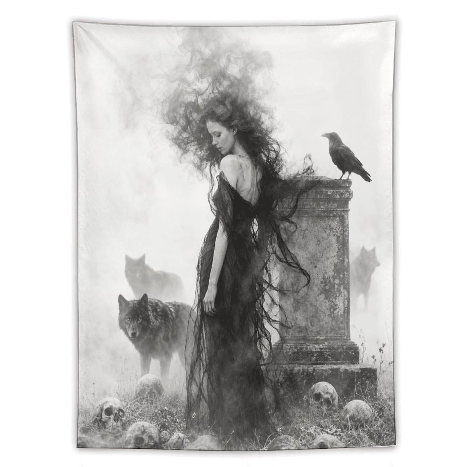 W7C8U2X3 Raven Woman with Black Cat Wall Tapestry, Gothic Oil, Room Divider