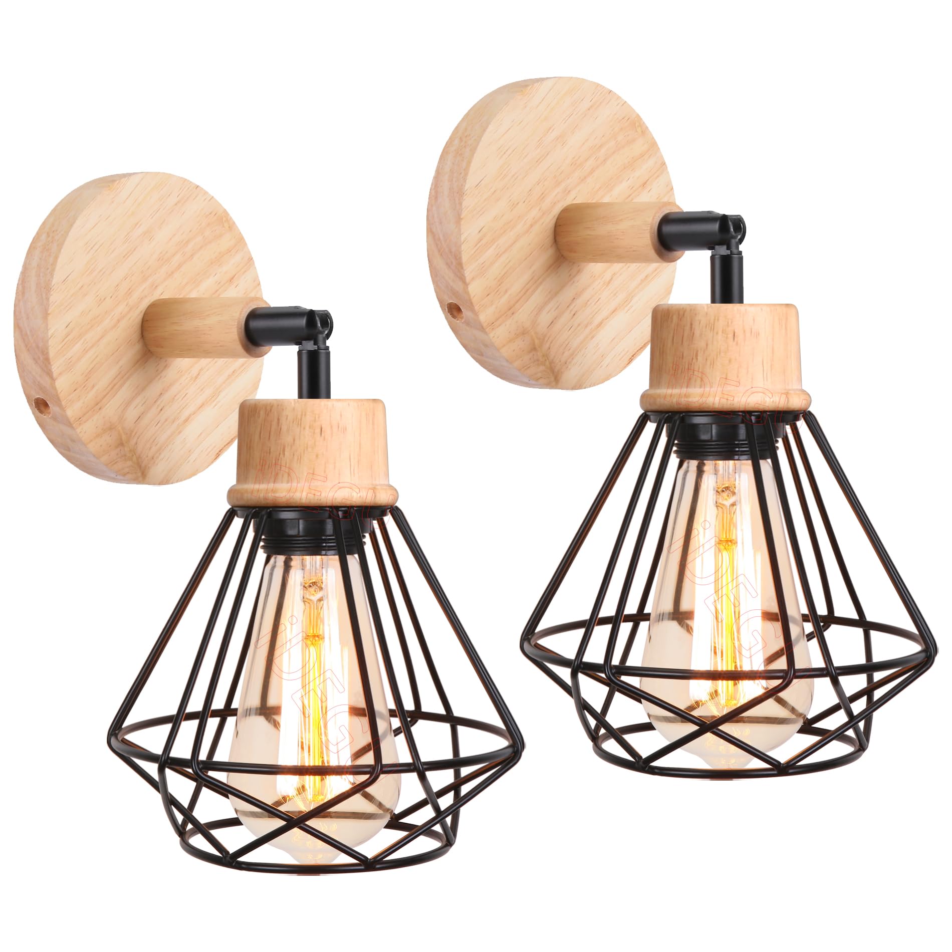 iDEGU Set of 2 Vintage Wall Lights Industrial Cage Design in Metal and Wood Retro E27 Wall Lamp Adjustable Ceiling Light Indoor Wall Sconce for Bedroom, Hallway, Living Room (16cm, Type D, Black) โ image 1