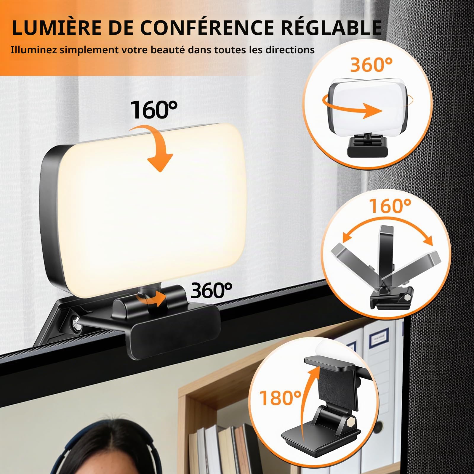 120 LED Lumière Vidéo Conference, 3 Modes d'éclairage ajustés, Clip Éclairage de Vidéoconférence 3000K-6500K, pour PC/Ordinateur Portable/Enregistrement Vidéo/TikTok/Réunions Zoom