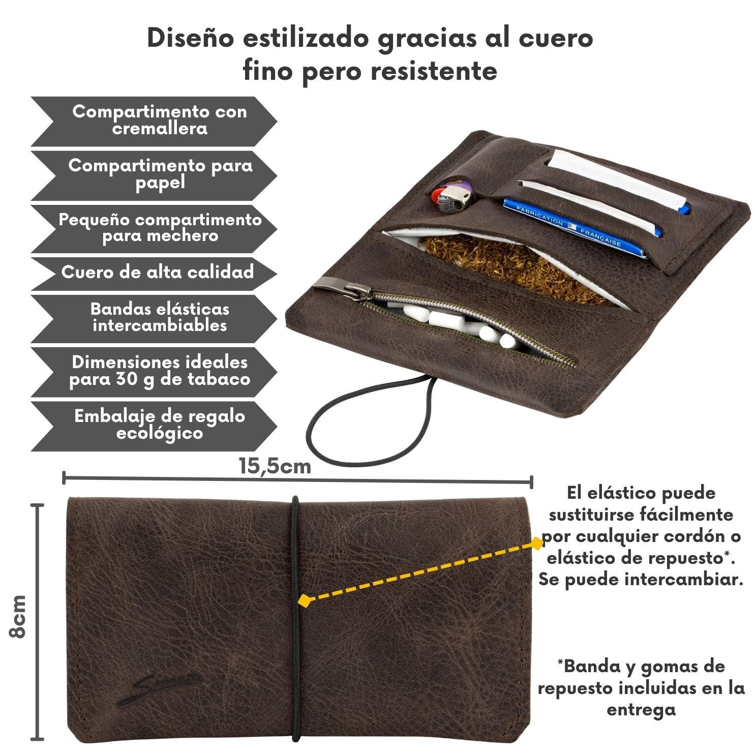 Simaru Tabaquera Pitillera de Piel Napa Italiana para Tabaco de Liar 30 g con Filtros, Papel y Mechero | Cuero Curtido Vegetal con 2 Bandas de Cierre Intercambiables (Marrón)