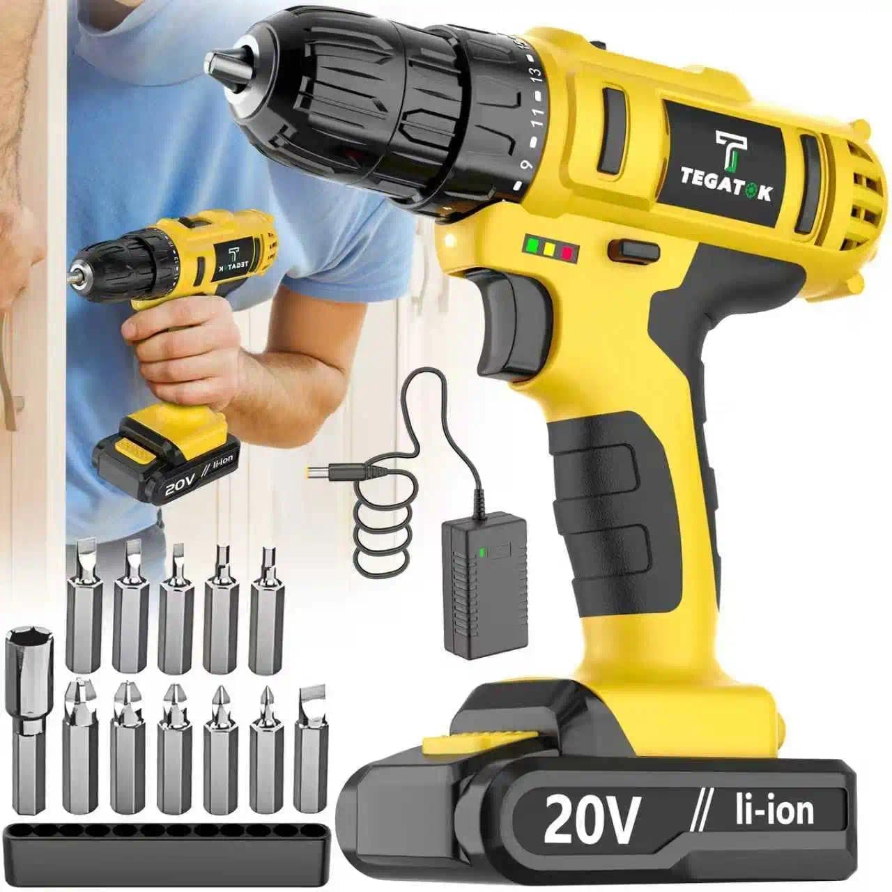 20V Cordless Drill Set, Impact Power Drill with 3/8 Inch Keyless Chuck, 18+3 Clutch Electric Drills with Work Light, Max Torque 45Nm, 2-Variable Speed & 2.0AH Batteries and Fast Charger