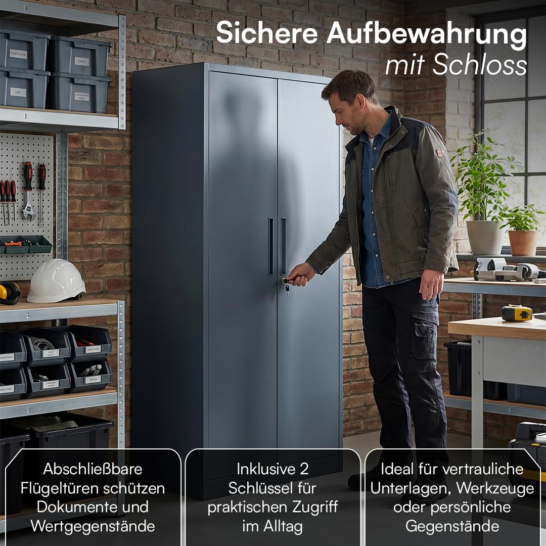 STEELSØN Regulus Metallschrank abschließbar – Garderobenschrank mit 6 Fächern und 1 Kleiderstange – Spind Schrank mit Doppeltüren – Mehrzweckschrank Anthrazit – Kleiderschrank Metall 175x40x80 cm