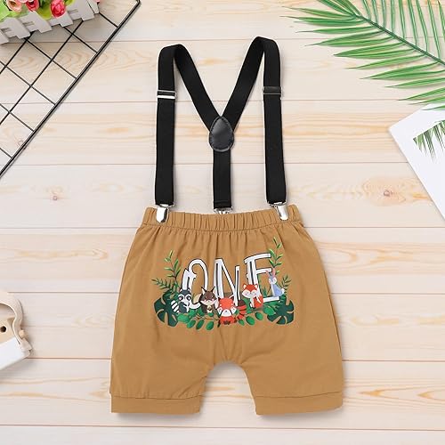 Miniatura 5 de IBTOM CASTLE Traje de 1er cumpleaños para bebé niño, mameluco de animales del bosque de la selva, bombachos y tirantes, 3 piezas, ropa para
